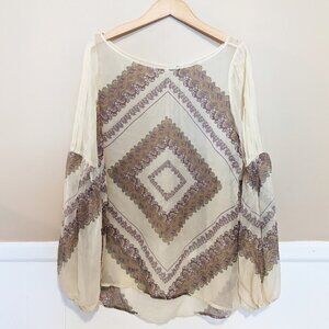 Joie Blouse Womens Small Romantic Bohemian Floral 100% Silk Balloon Sleeve Sheer